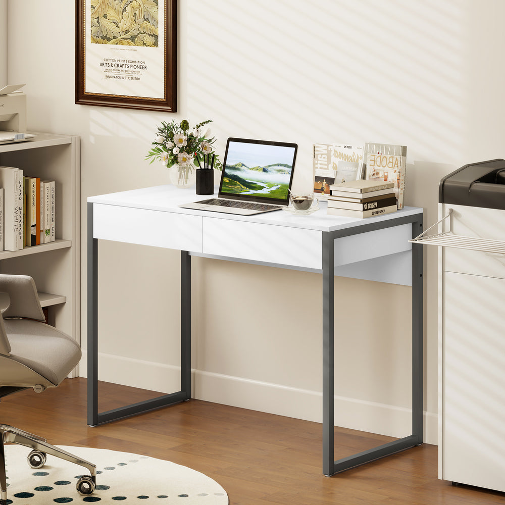 Glossy Computer Desk with 2 Drawers for Small Spaces, White and Grey