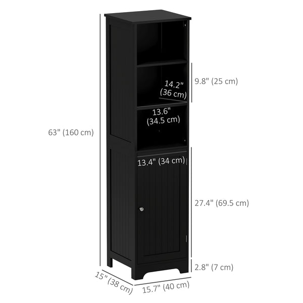Tall Bathroom Storage Cabinet with Adjustable Shelf, 3 Open Shelves, Black