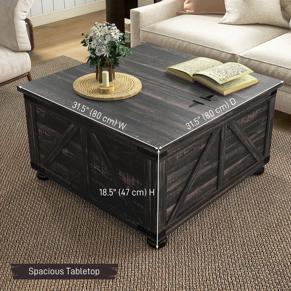 Farmhouse style coffee table with hinged lids, distressed brown