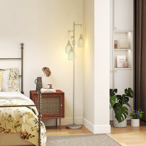 Industrial floor lamp with 3 hanging lampshades, silver