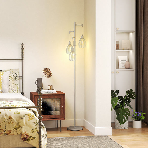 Industrial floor lamp with 3 hanging lampshades, silver