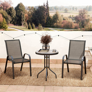 3 Pieces Bistro Set, Small Patio Furniture Set with Stackable Mesh Chairs, Glass Table for Garden, Balcony, Black