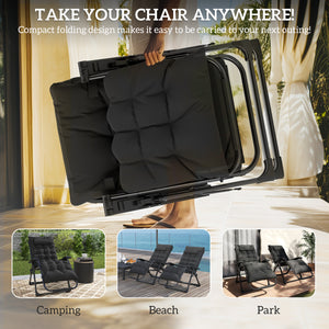 Set of 2 Folding Garden Chairs, Zero Gravity Reclining with Cushion and Headrest, Black