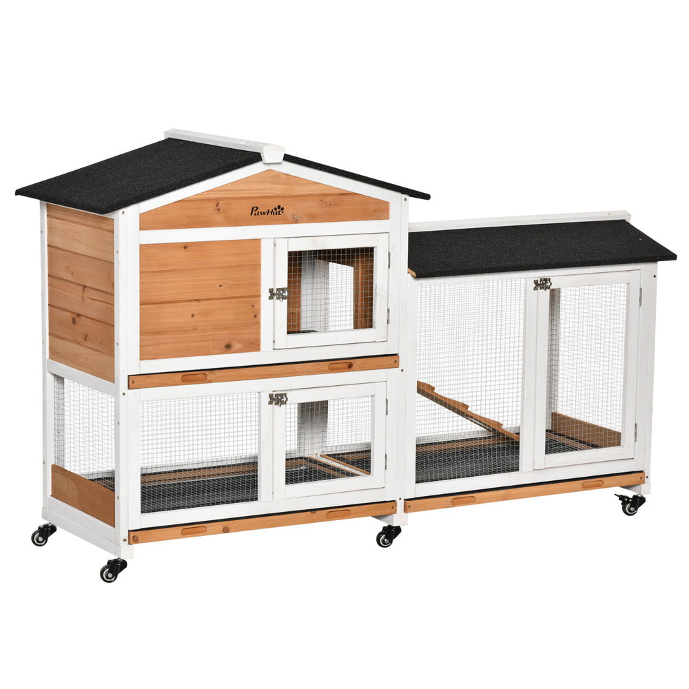 Wooden hutch with wheels, enclosure, tray, and ramp