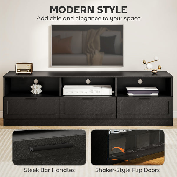 TV stand with 3 cabinets and 3 open shelves, for TVs up to 85 inches, black