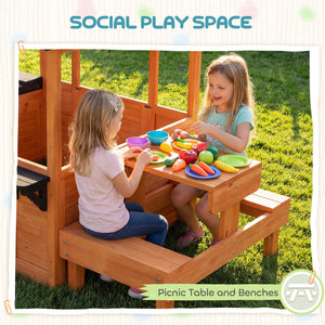 Wooden playhouse for children aged 3 to 8, with a table, benches, a sink, windows, and flower box holders, brown.