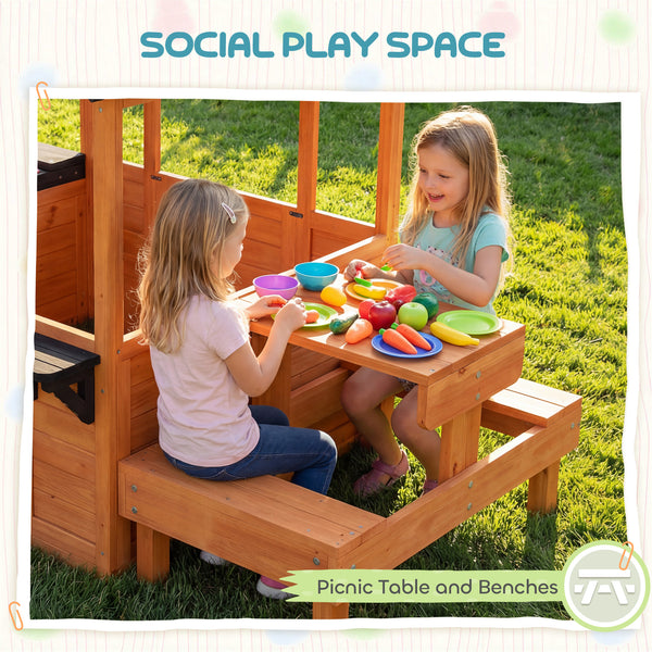 Wooden playhouse for children aged 3 to 8, with a table, benches, a sink, windows, and flower box holders, brown.