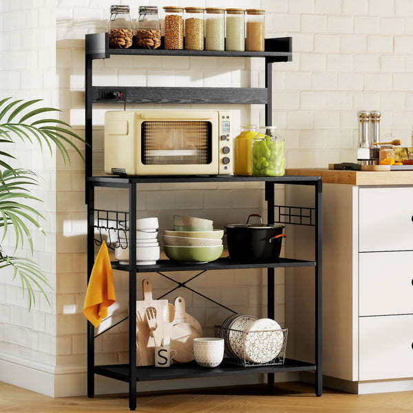 Kitchen shelf with electrical outlet, coffee corner with adjustable shelves and hooks, aged black