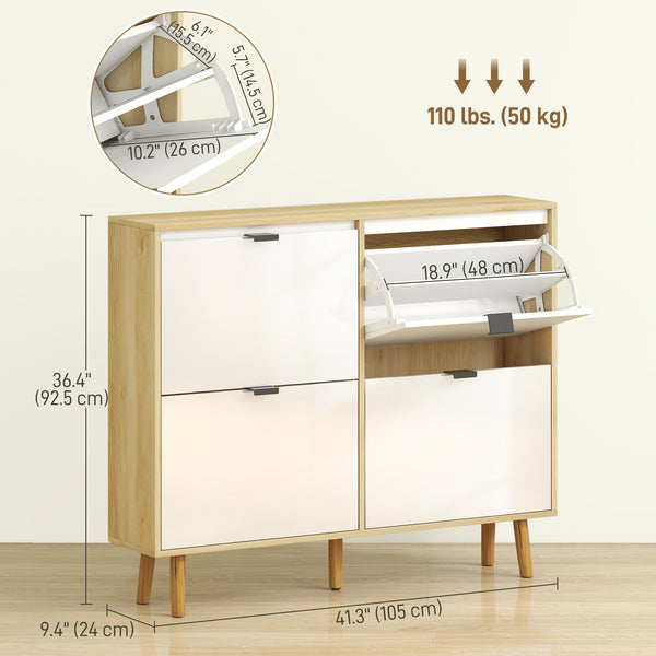 Narrow shoe cabinet, high-gloss finish, with 4 drop-down drawers and adjustable shelves, for 20 pairs, white