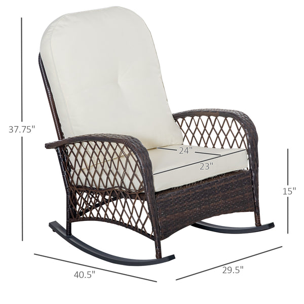 Rattan and wicker rocking chair with thick cushions, cream white