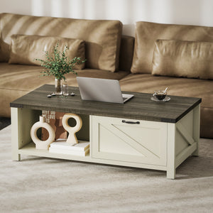 Farmhouse Coffee Table with Drawer and Open Shelf, Distressed White