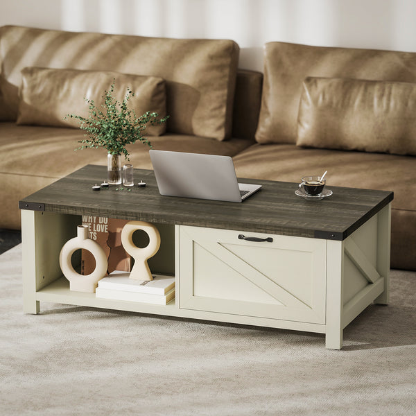 Farmhouse Coffee Table with Drawer and Open Shelf, Distressed White