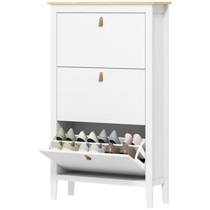 Narrow white and oak-effect shoe cabinet with 3 tilt drawers – 15 to 21 pairs