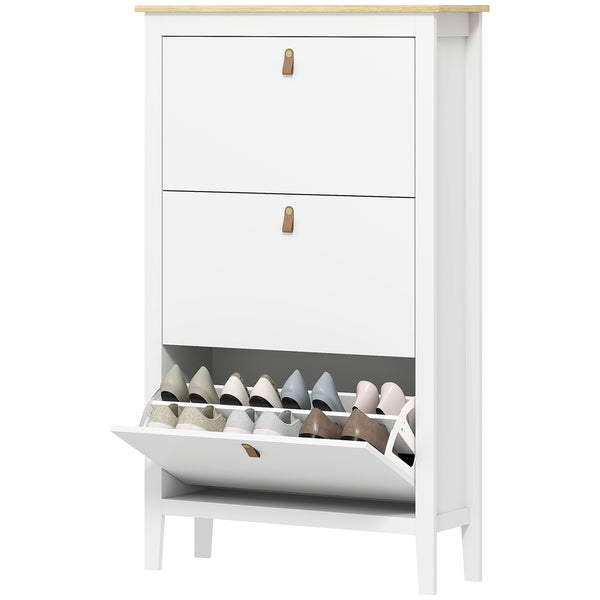 Narrow white and oak-effect shoe cabinet with 3 tilt drawers – 15 to 21 pairs