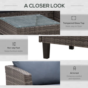 3-piece furniture set in woven resin, table with glass top, grey