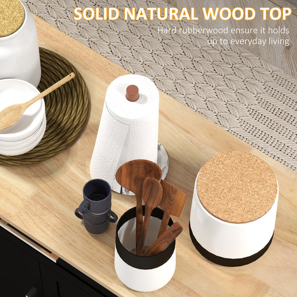 Modern Kitchen Trolley with Drawers, Natural Wood Top, Towel Rack, Door Storage Cabinet, Black