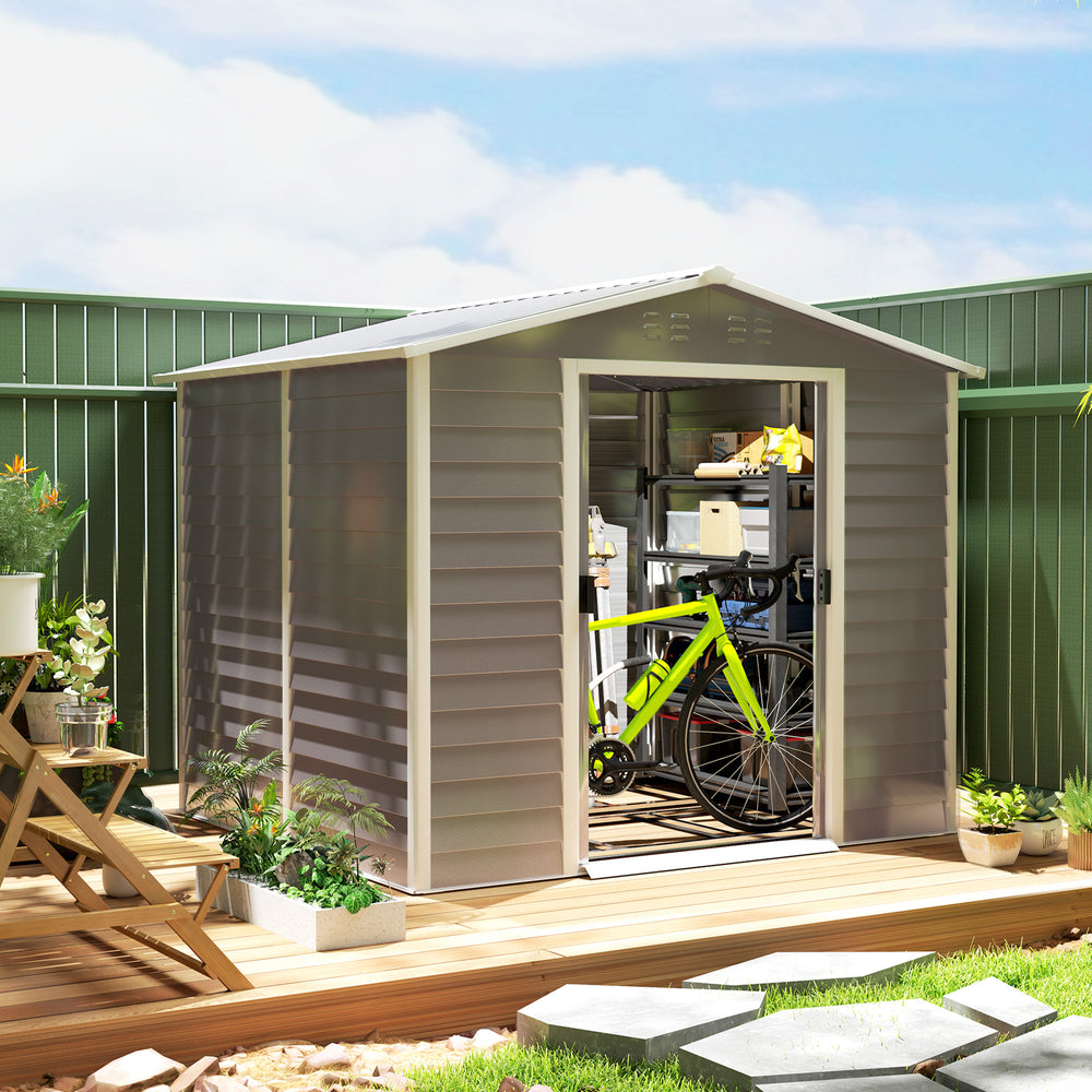 8' x 7' Upgraded Galvanized Metal Garden Shed with Locking Doors, Floor Frame, Light Gray