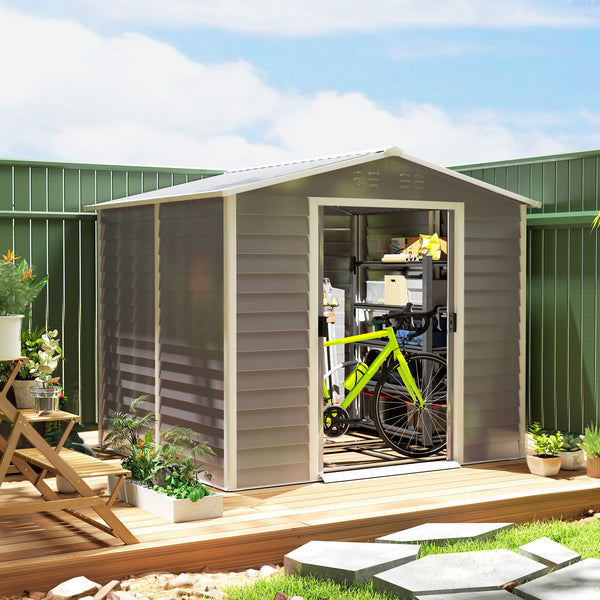 8' x 7' Upgraded Galvanized Metal Garden Shed with Locking Doors, Floor Frame, Light Gray