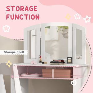 2-in-1 Dressing Table with Tri-Folding Mirror, Stool and Storage Shelf, White