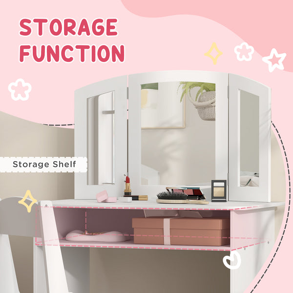 2-in-1 Dressing Table with Tri-Folding Mirror, Stool and Storage Shelf, White