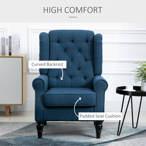 Upholstered accent chair with wooden legs, blue