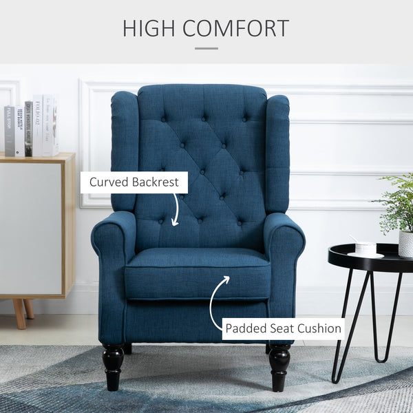 Upholstered accent chair with wooden legs, blue