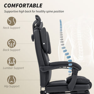 Reclining office chair with pet-friendly fabric upholstery, headrest, footrest, and swivel casters, black