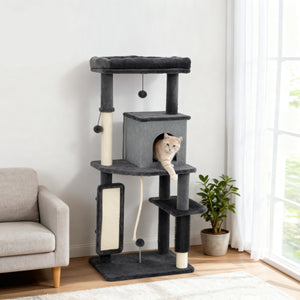 132cm Cat Tree with Scratching Posts, Basket, Kennel and Grooming Brush, Grey