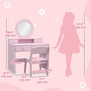 Dressing table with mirror, stool and storage drawers, pink