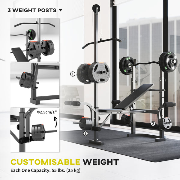 Adjustable weight bench with bench press and lat pulldown rack