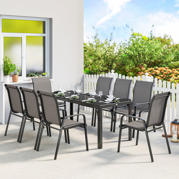 9-piece patio set with stackable chairs and glass tabletop for garden, patio, or yard, dark grey 