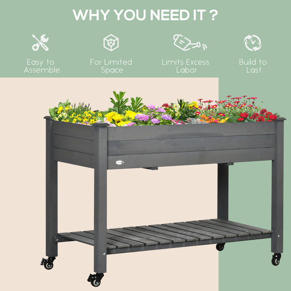 Raised wooden planter with lockable casters and storage shelf, dark grey