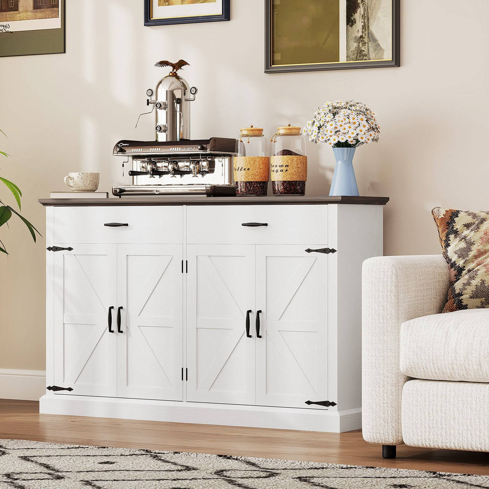 55" Country Style Sideboard with Top, 4 Barn Doors, 2 Drawers and 2 Adjustable Shelves, White