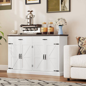 55" Country Style Sideboard with Top, 4 Barn Doors, 2 Drawers and 2 Adjustable Shelves, White