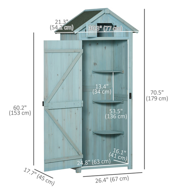 Outdoor garden shed for tools and accessories, with 3 shelves, blue