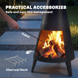 Outdoor wood-burning fire pit with chimney, poker, and spark screen, black