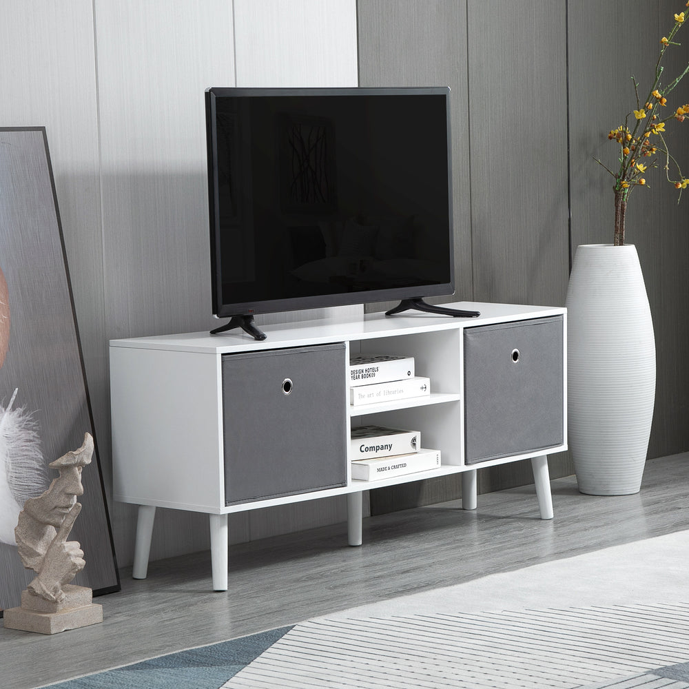 Modern TV cabinet with drawers and folding shelves, white