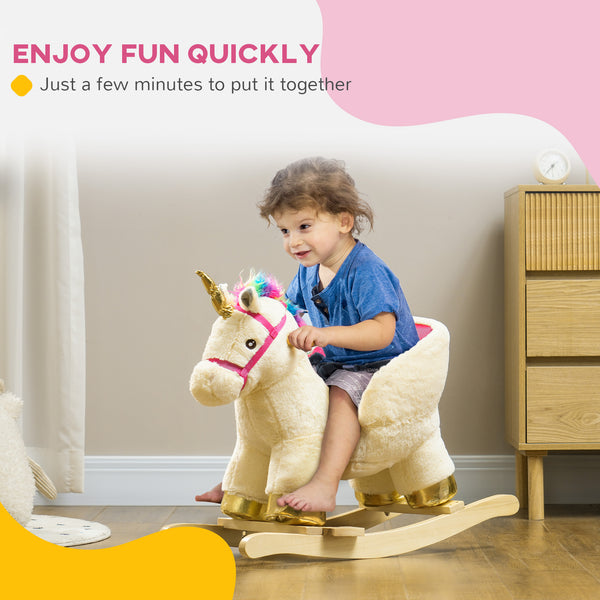 Rocking Unicorn with Sounds, Seat Belt, Wooden Base, Cream White