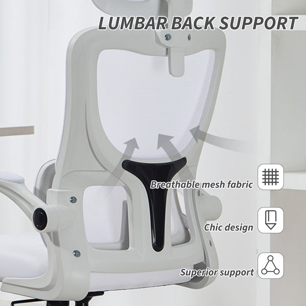 High-back mesh office chair with swivel headrest, cream white