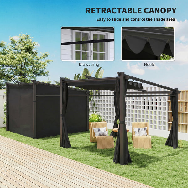 Metal pergola with sliding and retractable roof, 10 x 10, black
