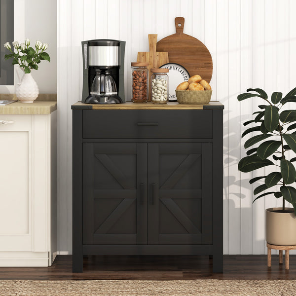 Country-style kitchen storage buffet with drawer and shelf, black