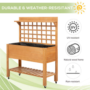 Raised wooden planter with shelf and casters