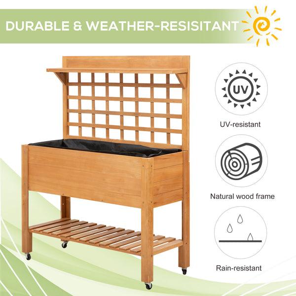 Raised wooden planter with shelf and casters