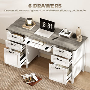 57-inch 7-drawer desk with outlets, white and brown