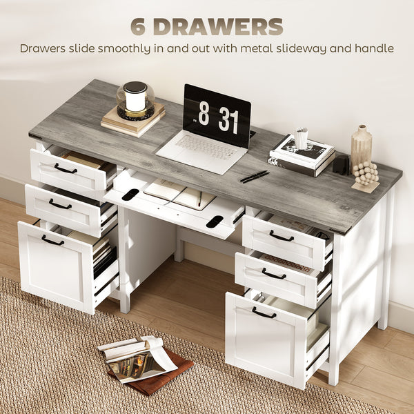 57-inch 7-drawer desk with outlets, white and brown