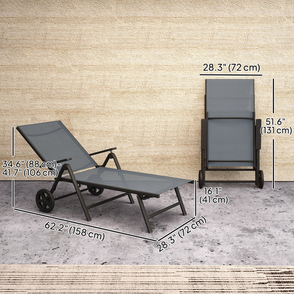 5-level adjustable outdoor lounge chair with 2 casters, gray