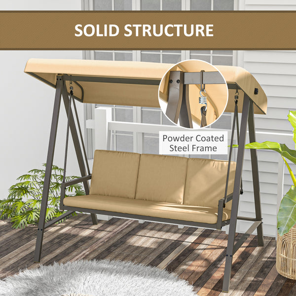 3-seater patio swing with adjustable canopy and removable cushions, beige