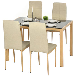 5-piece rectangular glass kitchen table and chairs set with metal frame and faux leather upholstery