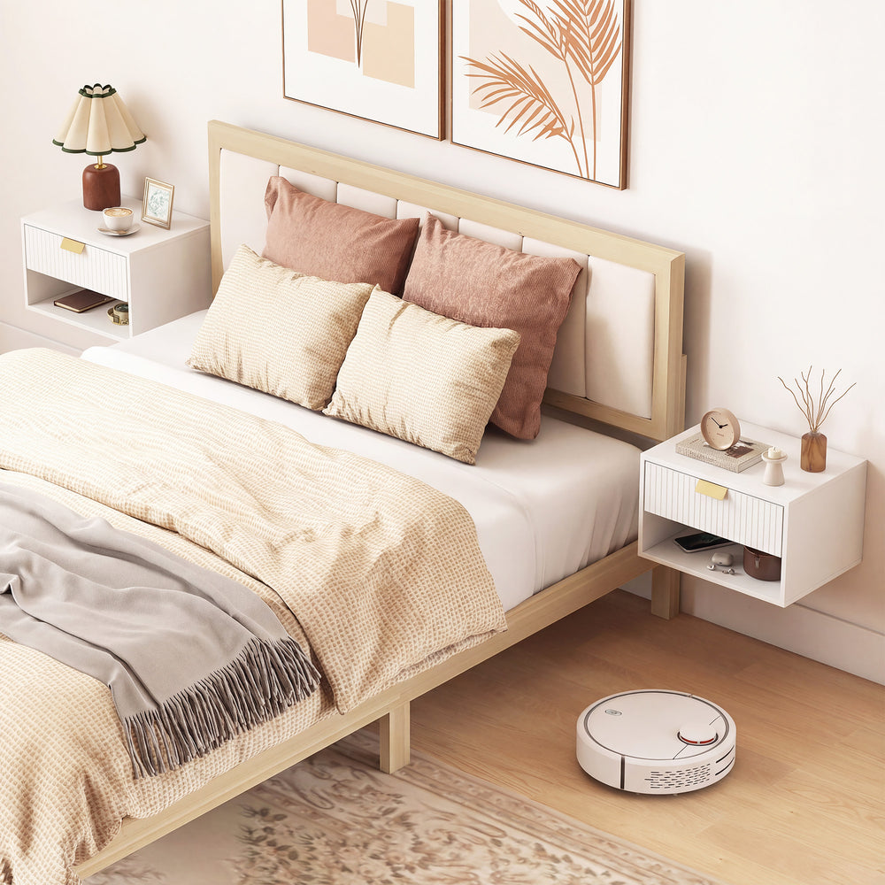 Set of 2 wall-mounted bedside tables with fluted drawer and open shelf, white