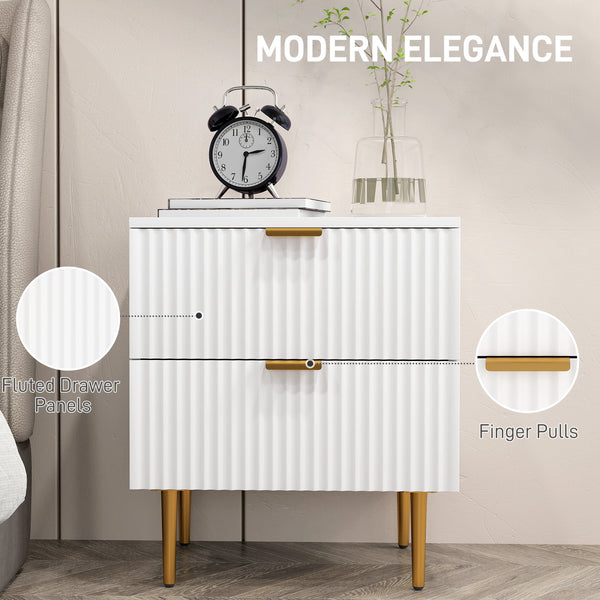 Modern bedside table with 2 drawers and metal legs, white